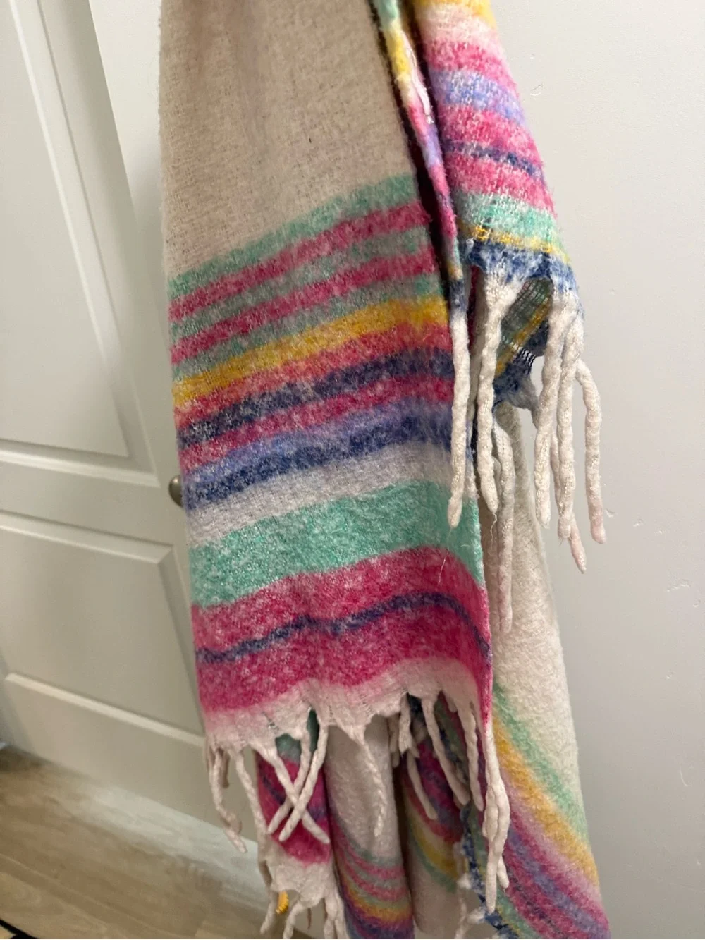 Free People Ivory Multi Striped Fringe Throw Blanket